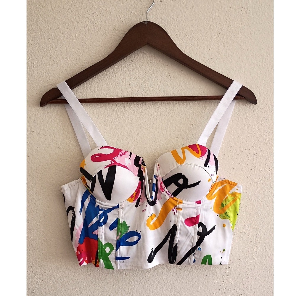 Love X Design Graffiti‎ Print Bustier Crop Top White Multi Color Zip Back Large